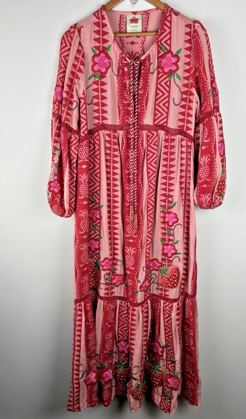FARM Rio Pink Red Embroidered Maxi Dress M Floral Strawberry Boho Cottagecore